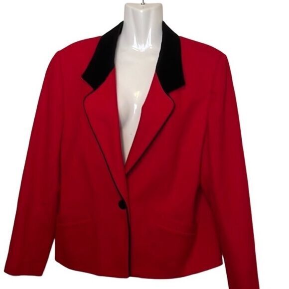 Koret Women's Blazer Jacket 10 Red Black 100% Wool‎ One Button black velvet trim - Picture 1 of 9